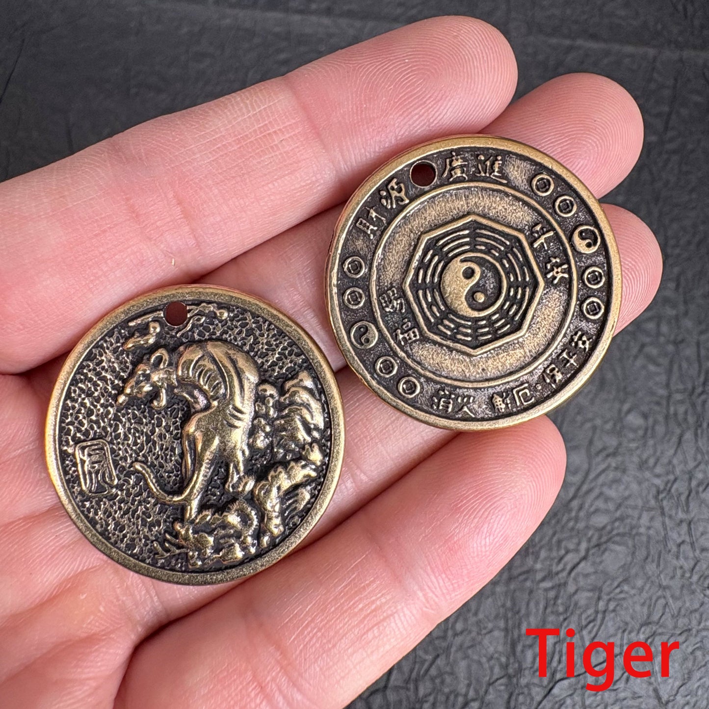 Vintage Brass Zodiac Coin Charm, Rat Ox Tiger Rabbit Dragon Snake Horse Goat Monkey Rooster Dog Pig Pendant
