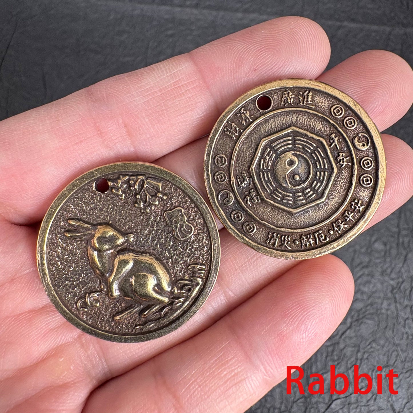 Vintage Brass Zodiac Coin Charm, Rat Ox Tiger Rabbit Dragon Snake Horse Goat Monkey Rooster Dog Pig Pendant