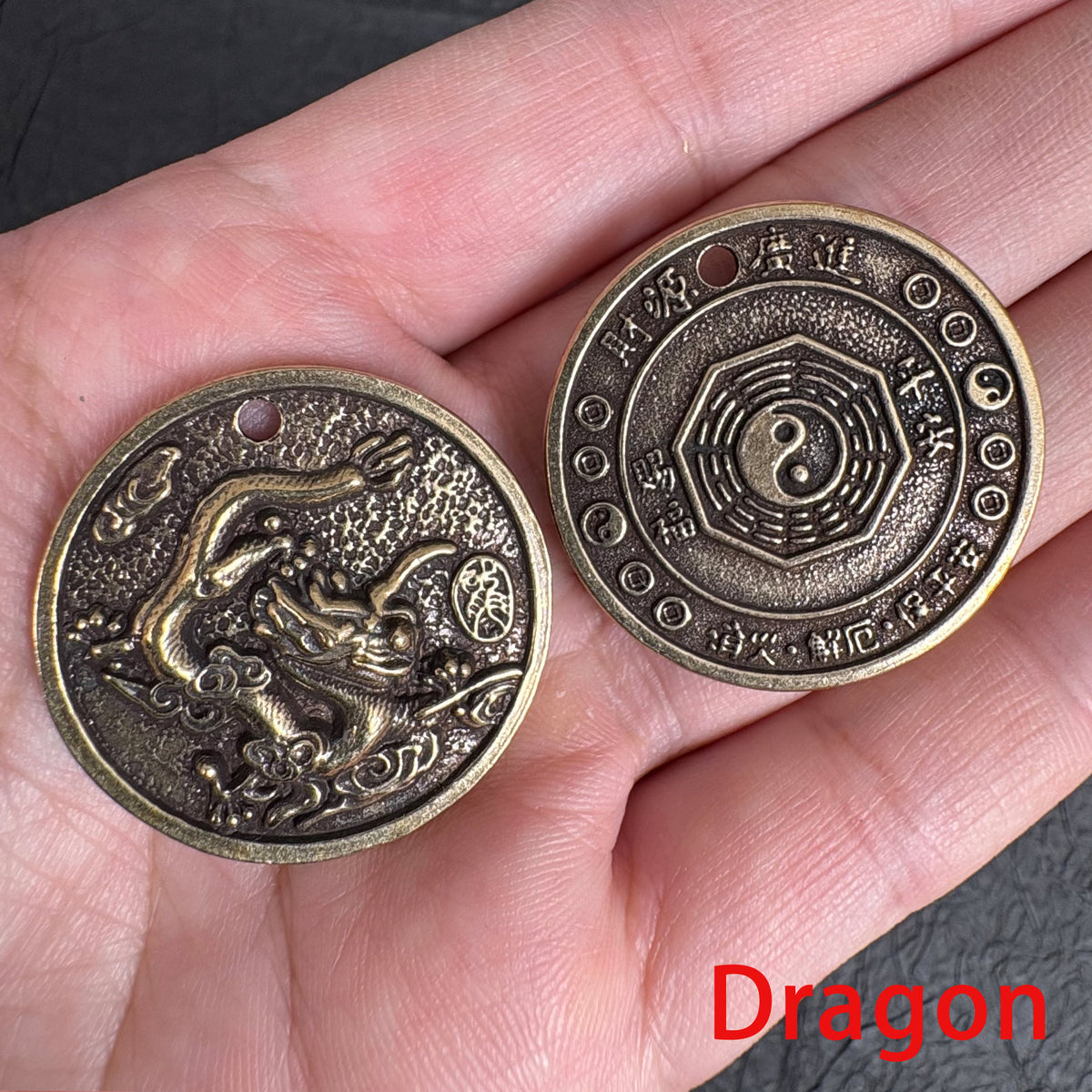 Vintage Brass Zodiac Coin Charm, Rat Ox Tiger Rabbit Dragon Snake Horse Goat Monkey Rooster Dog Pig Pendant