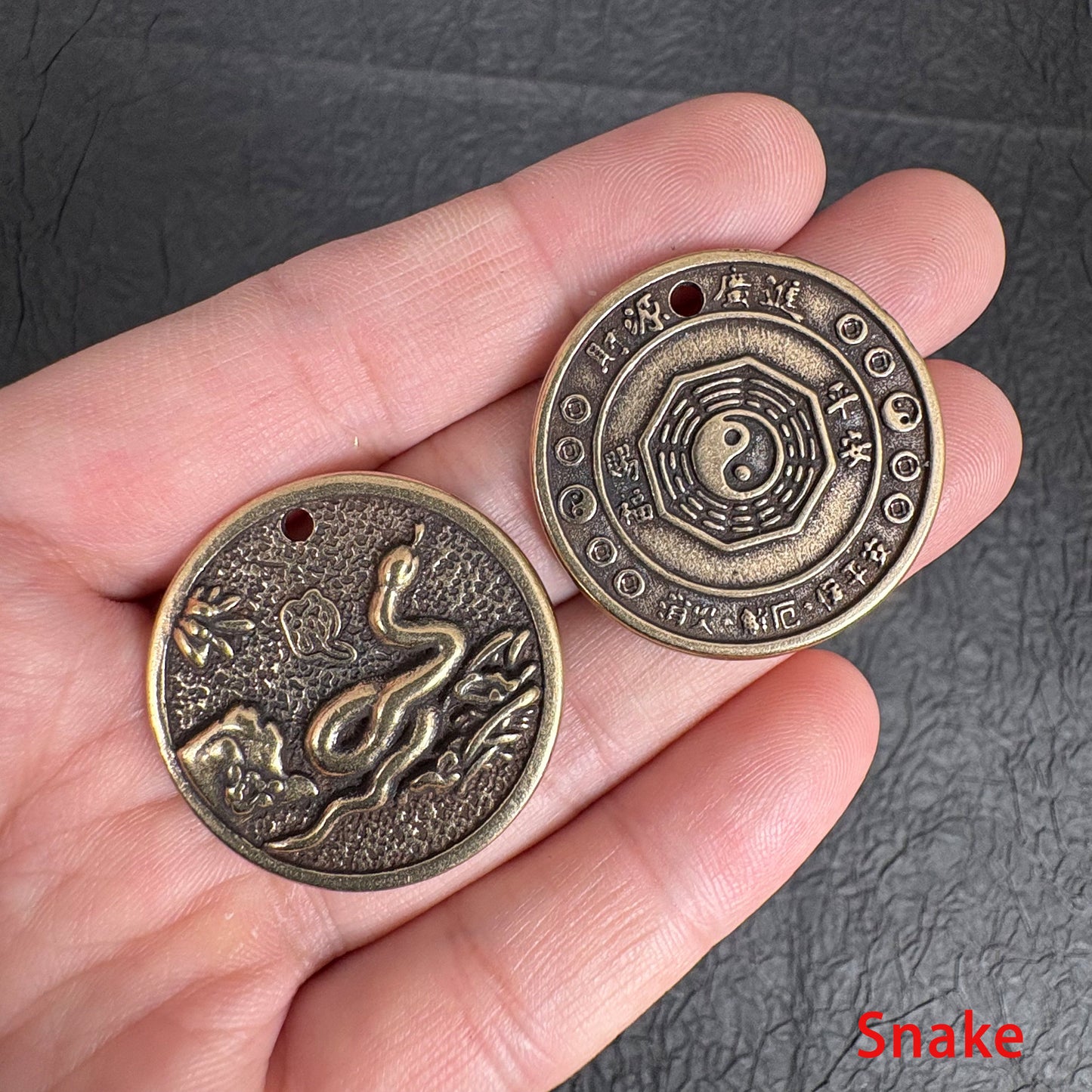 Vintage Brass Zodiac Coin Charm, Rat Ox Tiger Rabbit Dragon Snake Horse Goat Monkey Rooster Dog Pig Pendant