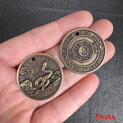 Vintage Brass Zodiac Coin Charm, Rat Ox Tiger Rabbit Dragon Snake Horse Goat Monkey Rooster Dog Pig Pendant