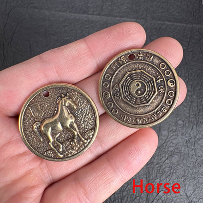 Vintage Brass Zodiac Coin Charm, Rat Ox Tiger Rabbit Dragon Snake Horse Goat Monkey Rooster Dog Pig Pendant