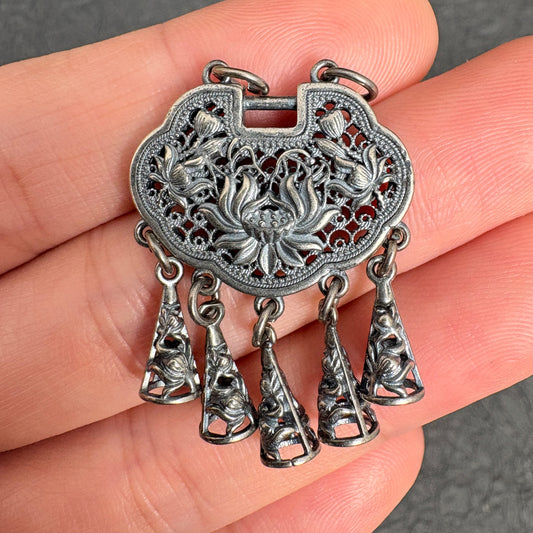 Vintage Filigree Longevity Lotus Lock Pendant with Bells