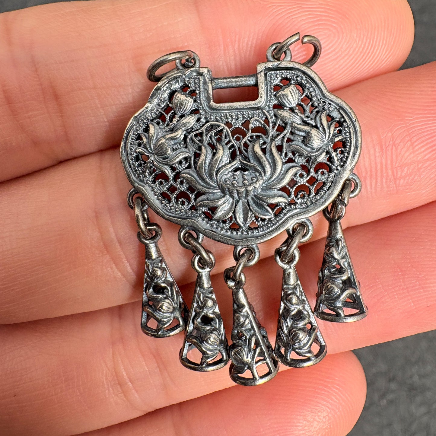 Vintage Filigree Longevity Lotus Lock Pendant with Bells