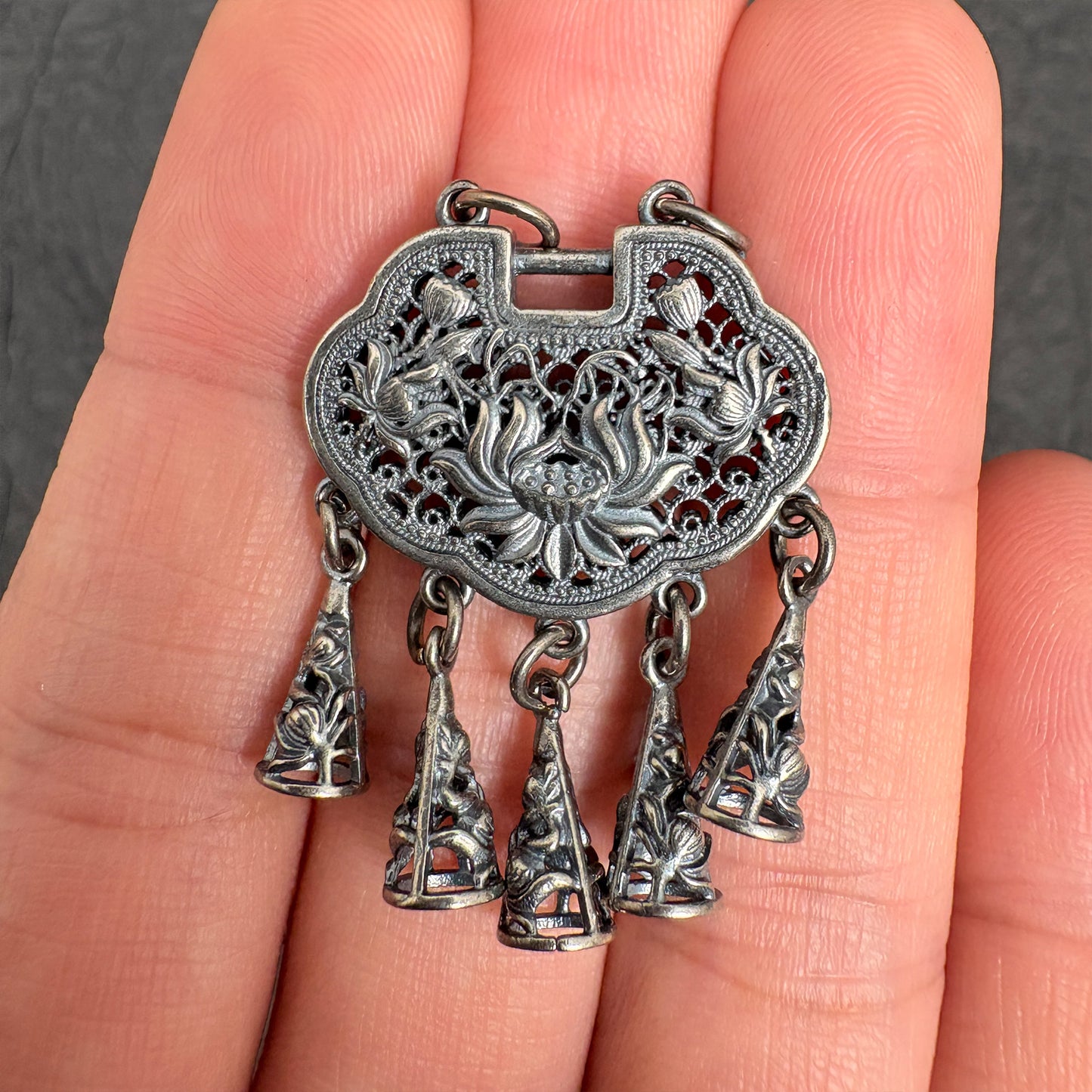 Vintage Filigree Longevity Lotus Lock Pendant with Bells