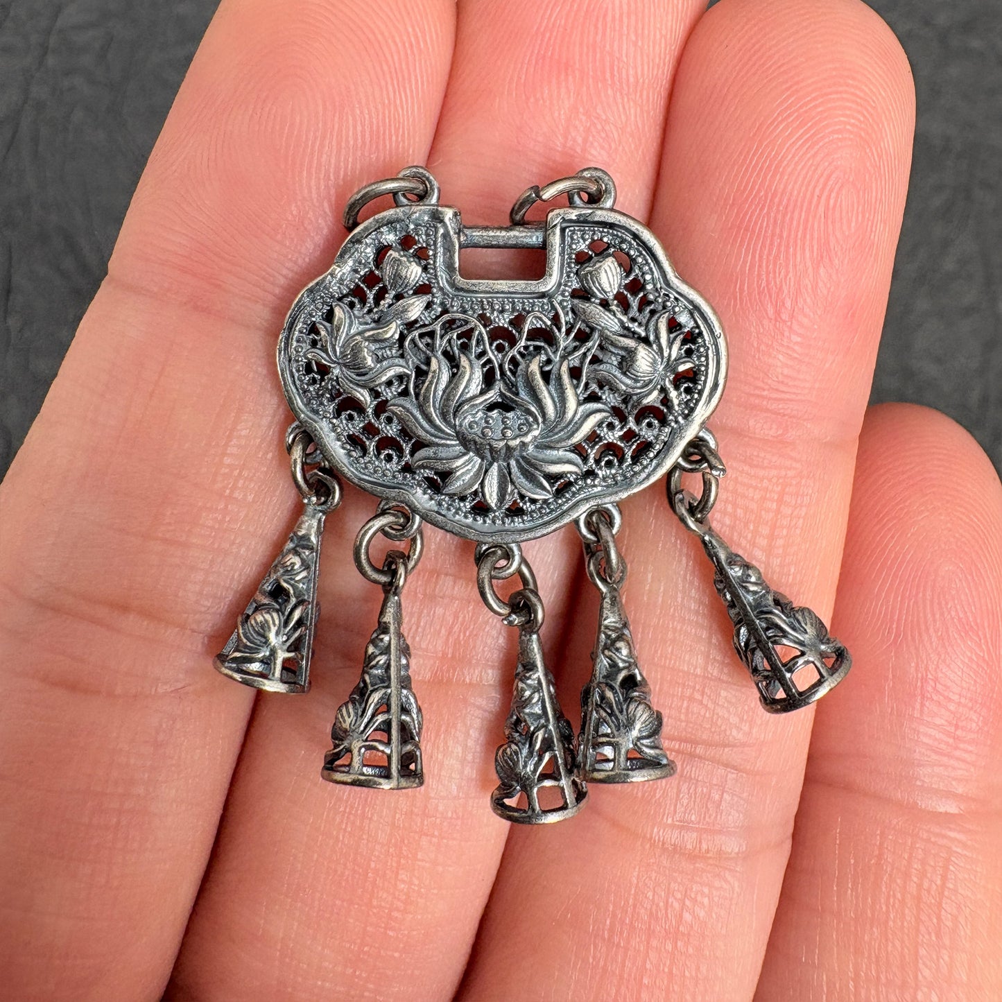 Vintage Filigree Longevity Lotus Lock Pendant with Bells