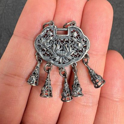 Vintage Filigree Longevity Lotus Lock Pendant with Bells