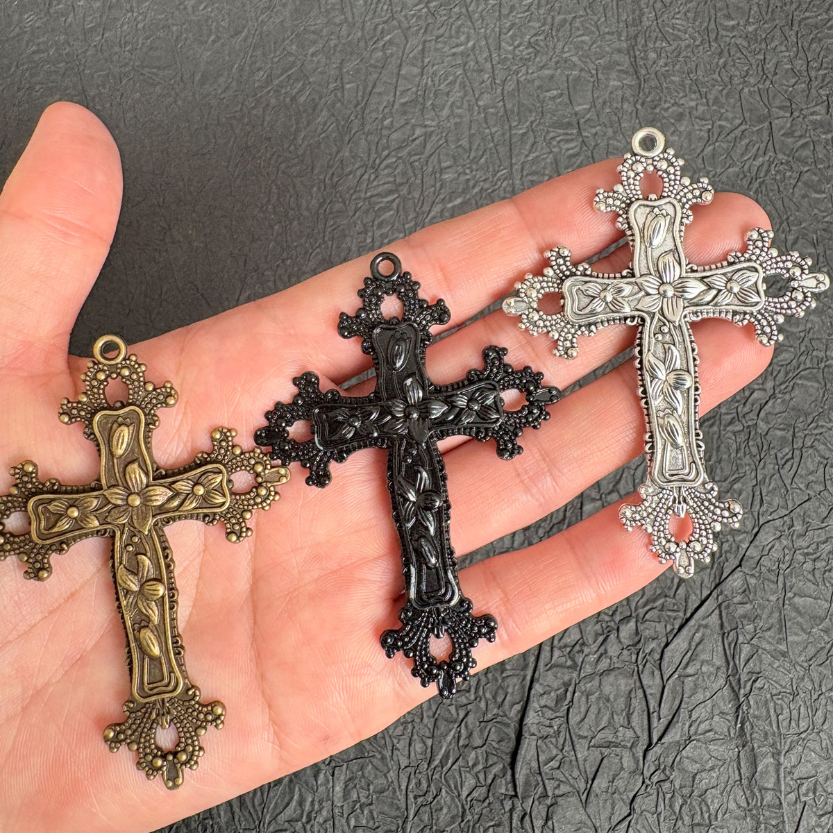 4PCS Vintage Flower Cross Charm Pendants, 3 Tone Bronze Black Silver, Ornate Religious Crucifix for DIY Rosary & Necklace Making