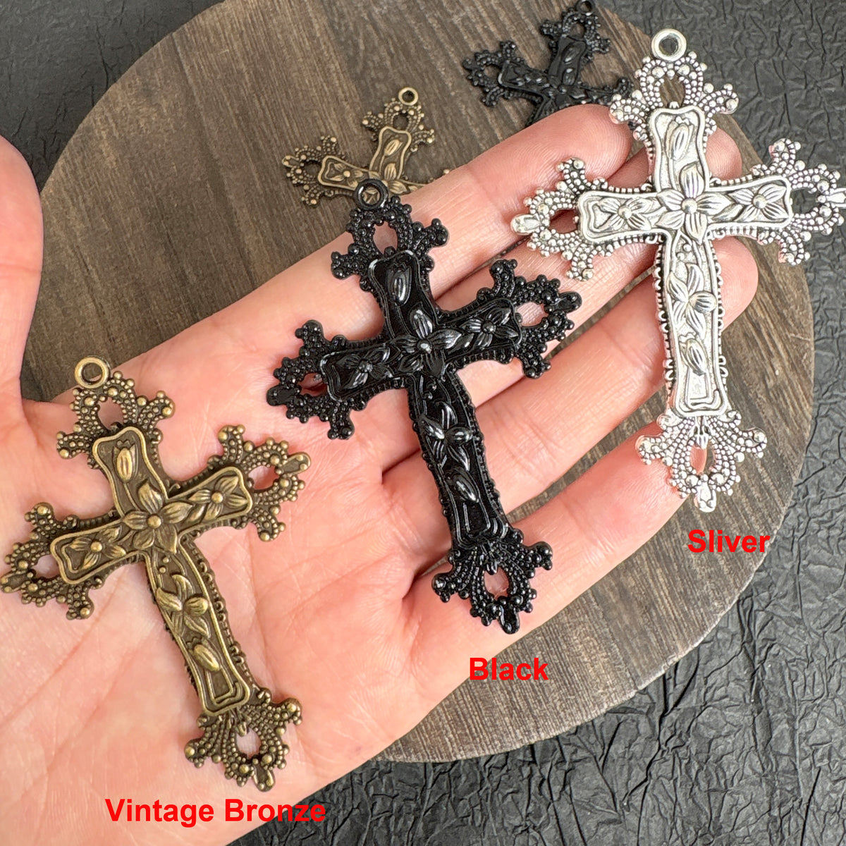 4PCS Vintage Flower Cross Charm Pendants, 3 Tone Bronze Black Silver, Ornate Religious Crucifix for DIY Rosary & Necklace Making