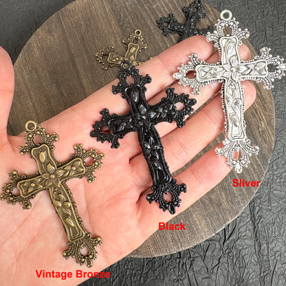 4PCS Vintage Flower Cross Charm Pendants, 3 Tone Bronze Black Silver, Ornate Religious Crucifix for DIY Rosary & Necklace Making