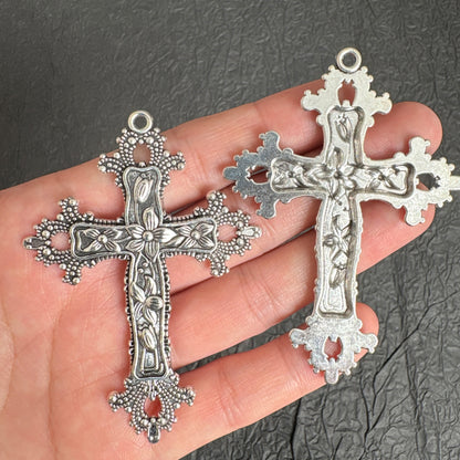 4PCS Vintage Flower Cross Charm Pendants, 3 Tone Bronze Black Silver, Ornate Religious Crucifix for DIY Rosary & Necklace Making