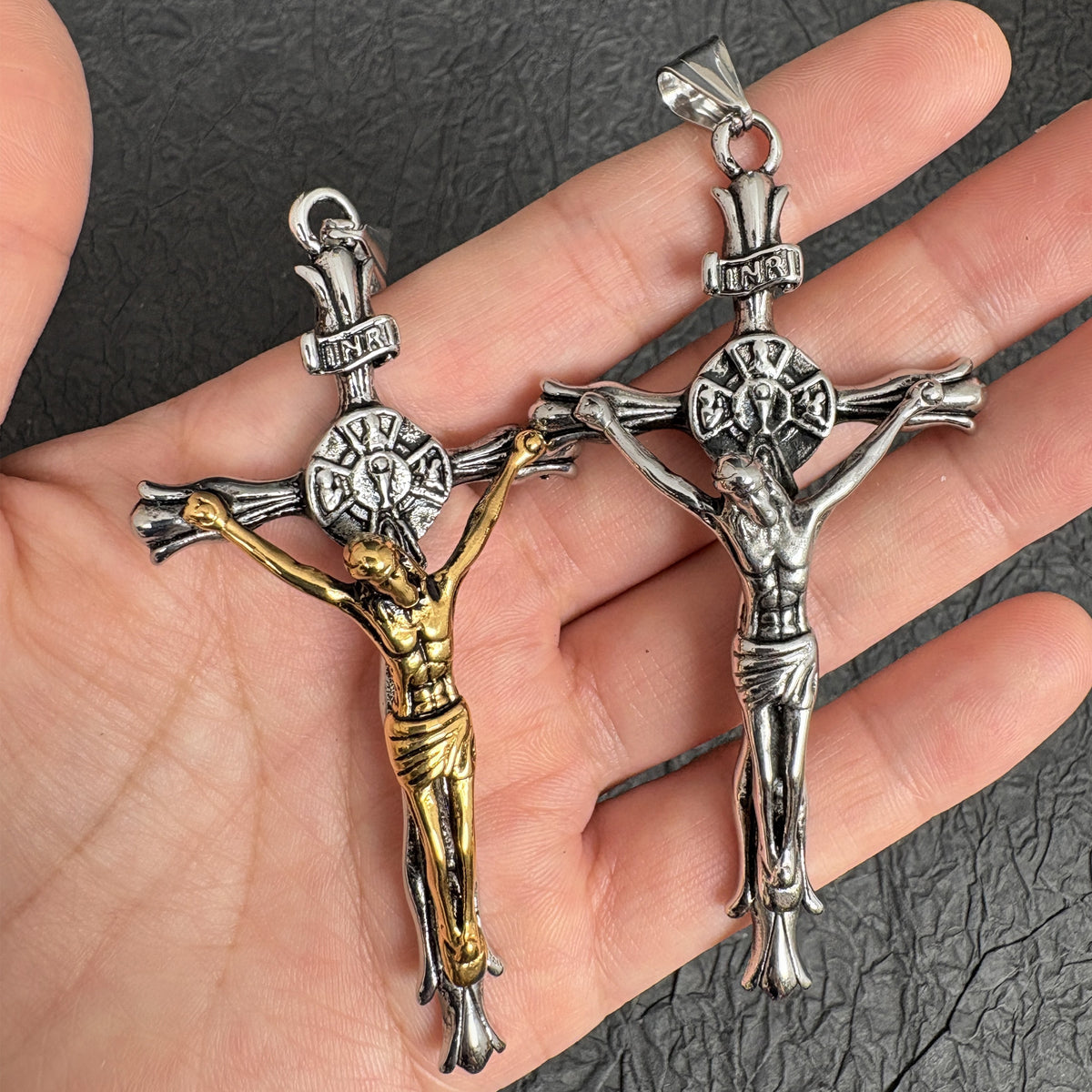 Vintage Stainless Steel Crucifix Pendant, Jesus Christ Cross Charm for Religious Necklace Rosary Making