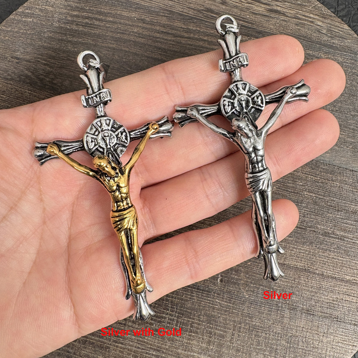 Vintage Stainless Steel Crucifix Pendant, Jesus Christ Cross Charm for Religious Necklace Rosary Making