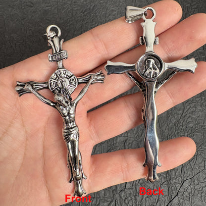 Vintage Stainless Steel Crucifix Pendant, Jesus Christ Cross Charm for Religious Necklace Rosary Making