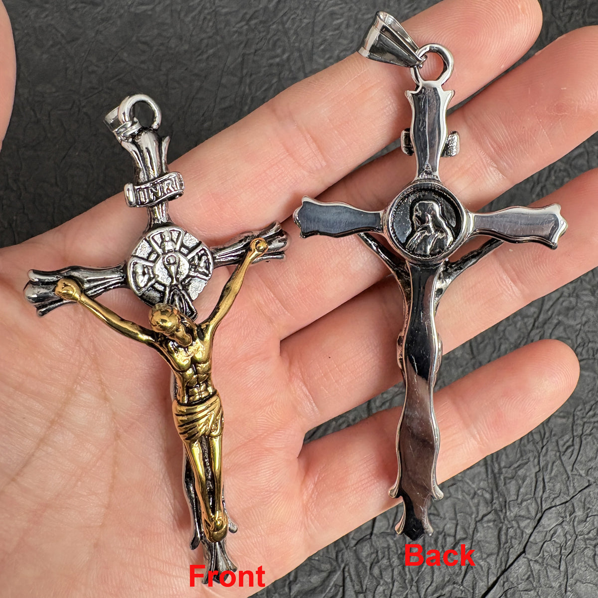 Vintage Stainless Steel Crucifix Pendant, Jesus Christ Cross Charm for Religious Necklace Rosary Making