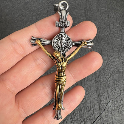 Vintage Stainless Steel Crucifix Pendant, Jesus Christ Cross Charm for Religious Necklace Rosary Making