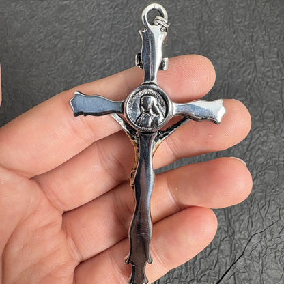 Vintage Stainless Steel Crucifix Pendant, Jesus Christ Cross Charm for Religious Necklace Rosary Making