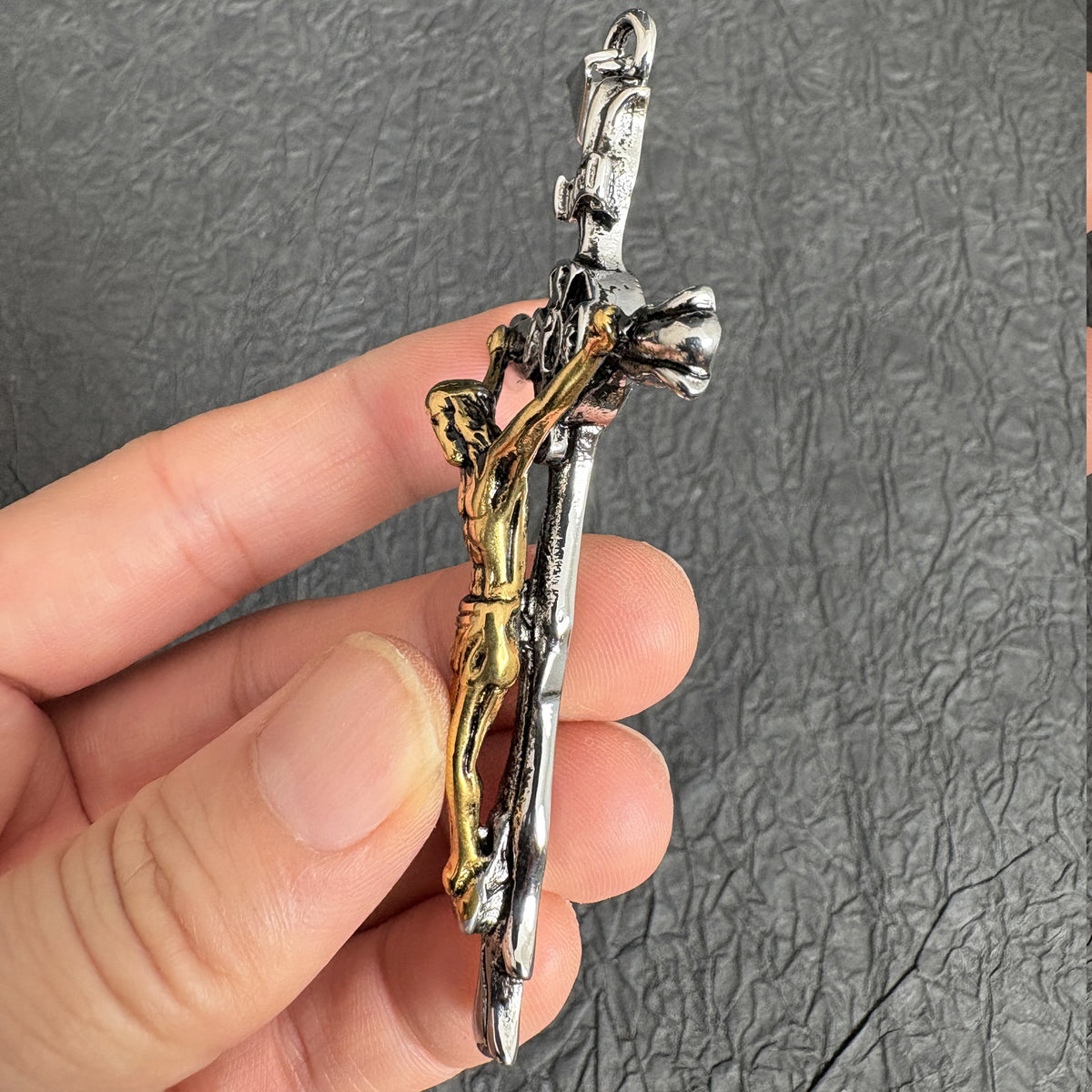 Vintage Stainless Steel Crucifix Pendant, Jesus Christ Cross Charm for Religious Necklace Rosary Making