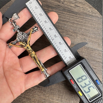 Vintage Stainless Steel Crucifix Pendant, Jesus Christ Cross Charm for Religious Necklace Rosary Making