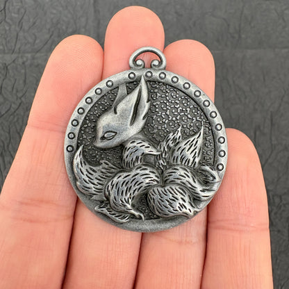 Vintage Style Kitsune Pendant, 9-Tailed Fox Charm Necklace, Japanese Mythology Retro Silver Tone Jewelry