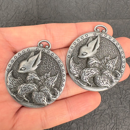Vintage Style Kitsune Pendant, 9-Tailed Fox Charm Necklace, Japanese Mythology Retro Silver Tone Jewelry