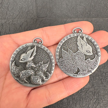 Vintage Style Kitsune Pendant, 9-Tailed Fox Charm Necklace, Japanese Mythology Retro Silver Tone Jewelry