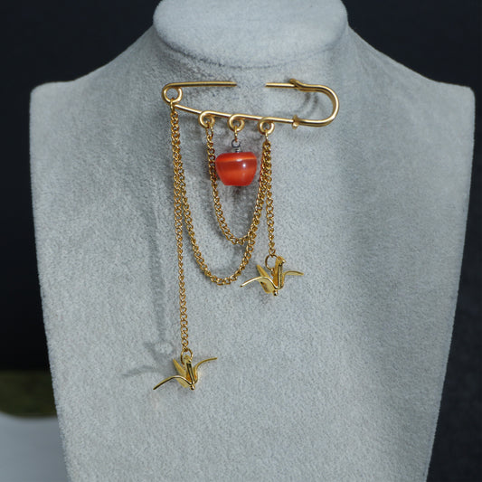 Red/Green Apple Brooch with Paper Crane Charm, 18K Gold Plated Stainless Steel chain Safety Pin