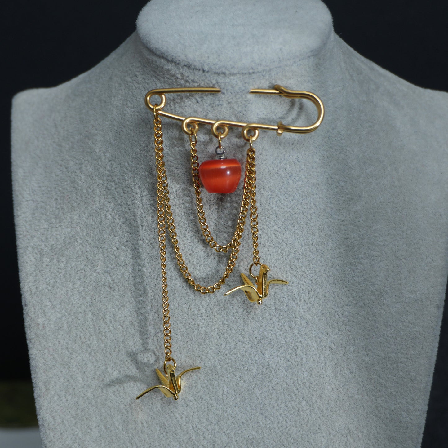 Red/Green Apple Brooch with Paper Crane Charm, 18K Gold Plated Stainless Steel chain Safety Pin