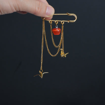 Red/Green Apple Brooch with Paper Crane Charm, 18K Gold Plated Stainless Steel chain Safety Pin