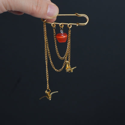 Red/Green Apple Brooch with Paper Crane Charm, 18K Gold Plated Stainless Steel chain Safety Pin