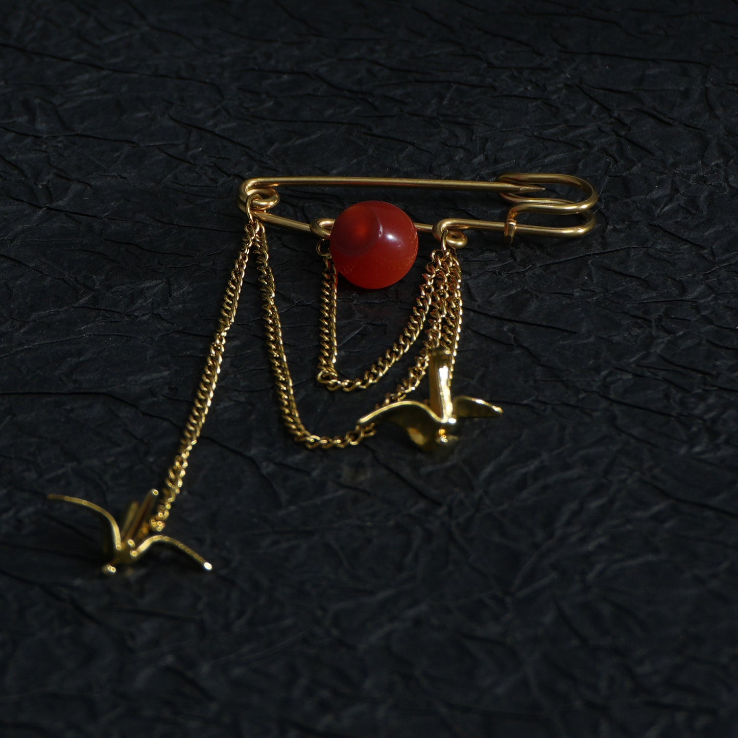 Red/Green Apple Brooch with Paper Crane Charm, 18K Gold Plated Stainless Steel chain Safety Pin
