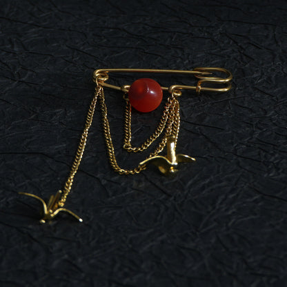Red/Green Apple Brooch with Paper Crane Charm, 18K Gold Plated Stainless Steel chain Safety Pin