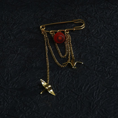Red/Green Apple Brooch with Paper Crane Charm, 18K Gold Plated Stainless Steel chain Safety Pin