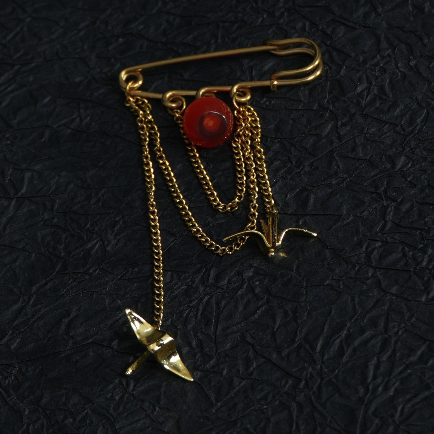 Red/Green Apple Brooch with Paper Crane Charm, 18K Gold Plated Stainless Steel chain Safety Pin
