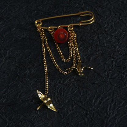Red/Green Apple Brooch with Paper Crane Charm, 18K Gold Plated Stainless Steel chain Safety Pin