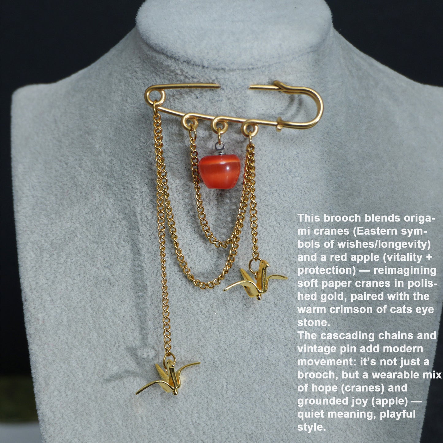 Red/Green Apple Brooch with Paper Crane Charm, 18K Gold Plated Stainless Steel chain Safety Pin