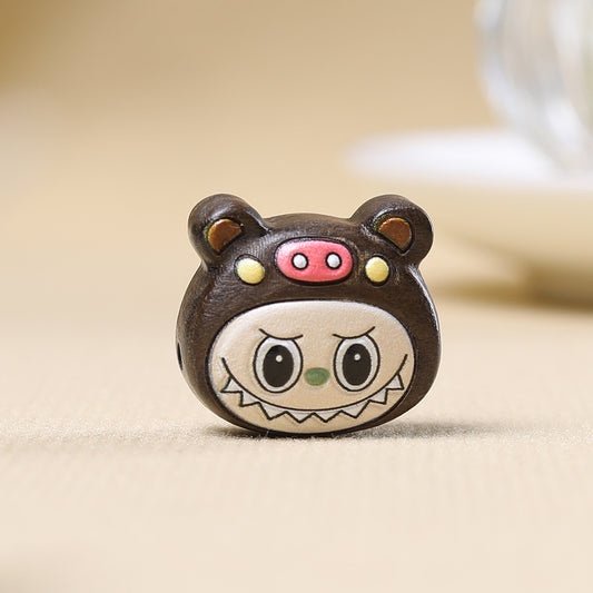 Painted Sandalwood LABUBU Charms, Handmade Lacquer Spacer Beads, Cute DIY Wood Beads for Bracelet Making, Carved Animal Beads for Jewelry