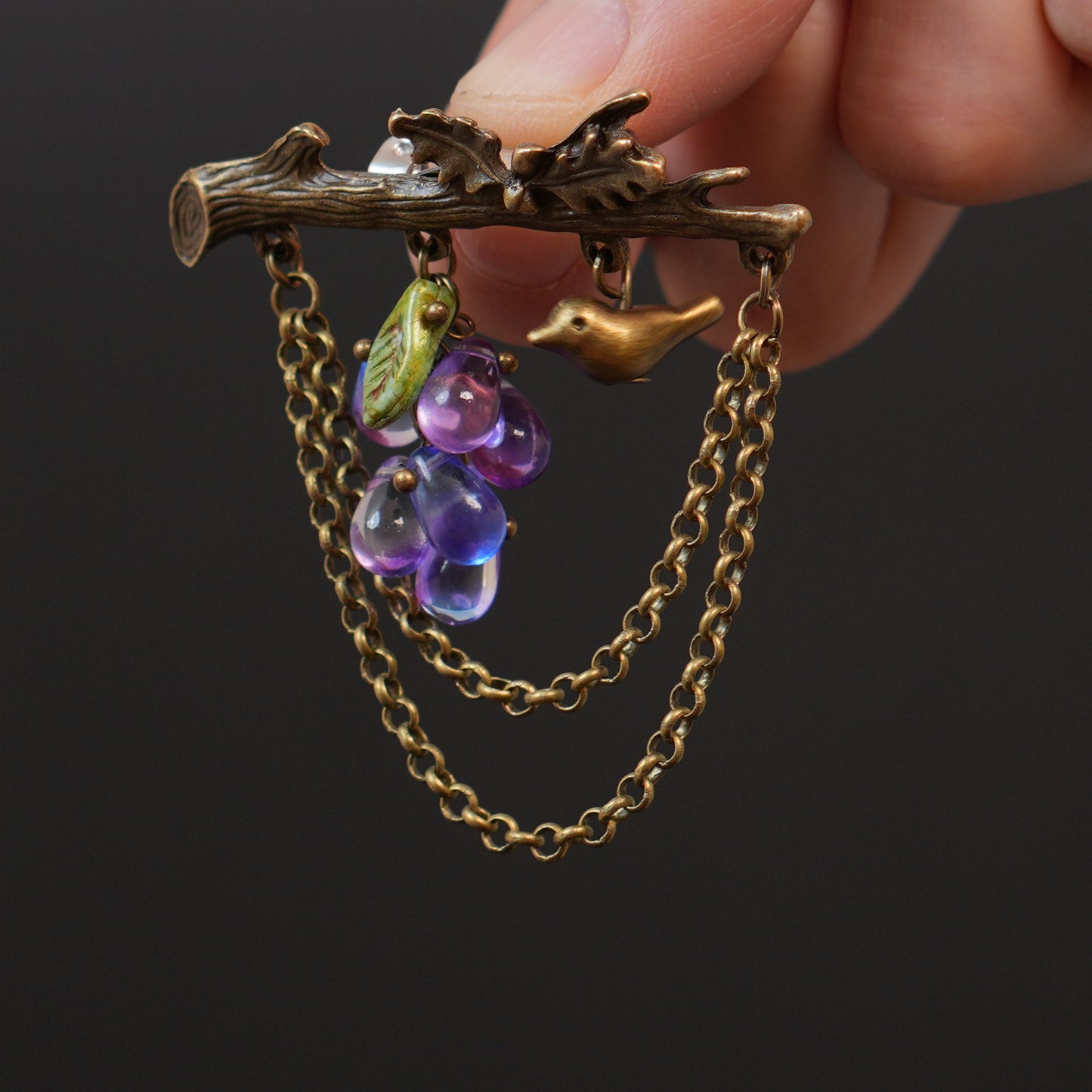 Handmade Grape & Bird Branch Brooch, Czech Glass Pin, Vintage Style Woodland Jewelry