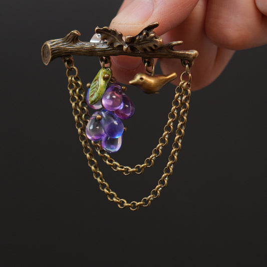 Handmade Grape & Bird Branch Brooch, Czech Glass Pin, Vintage Style Woodland Jewelry