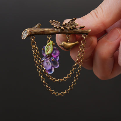 Handmade Grape & Bird Branch Brooch, Czech Glass Pin, Vintage Style Woodland Jewelry