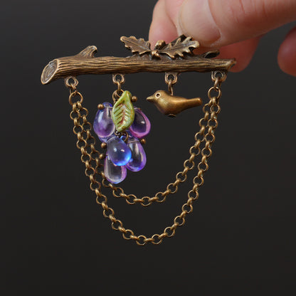 Handmade Grape & Bird Branch Brooch, Czech Glass Pin, Vintage Style Woodland Jewelry