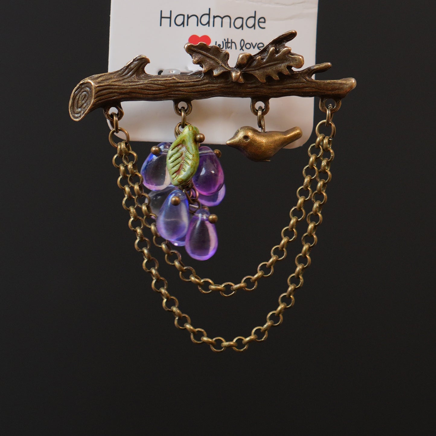 Handmade Grape & Bird Branch Brooch, Czech Glass Pin, Vintage Style Woodland Jewelry