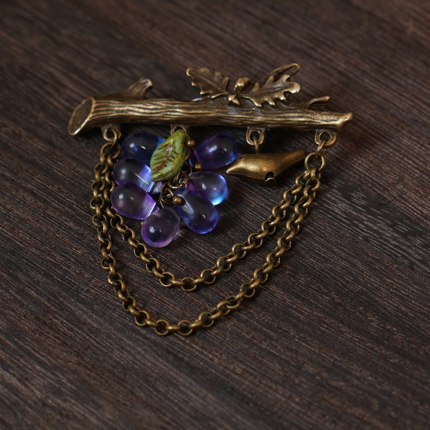 Handmade Grape & Bird Branch Brooch, Czech Glass Pin, Vintage Style Woodland Jewelry
