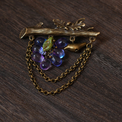 Handmade Grape & Bird Branch Brooch, Czech Glass Pin, Vintage Style Woodland Jewelry