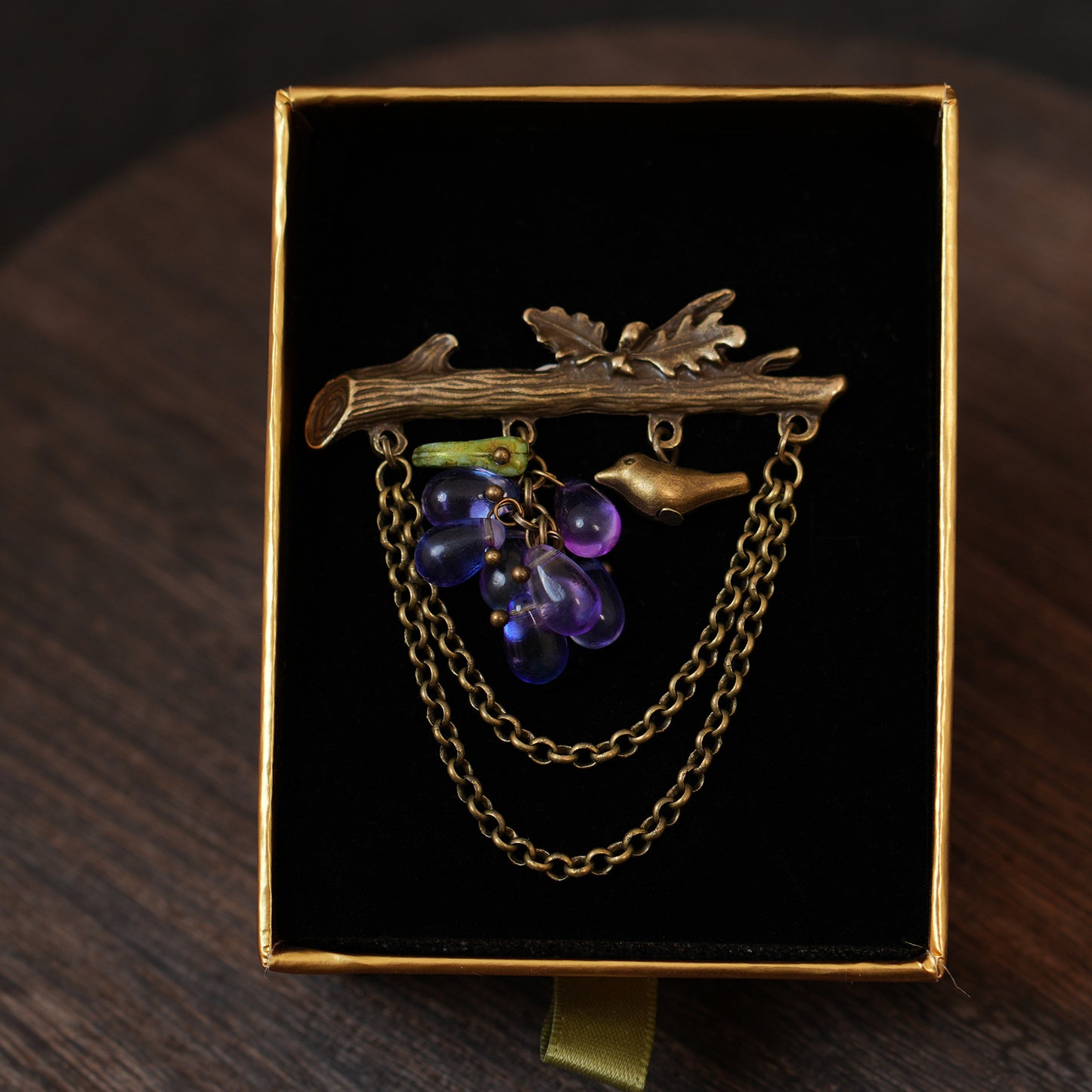 Handmade Grape & Bird Branch Brooch, Czech Glass Pin, Vintage Style Woodland Jewelry
