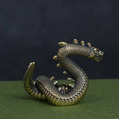 Vintage Brass Dragon & Snake Figurine, Retro Mythical Animal Statue, Feng Shui Desk Decor, Collectible Brass Ornament