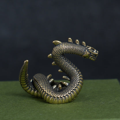 Vintage Brass Dragon & Snake Figurine, Retro Mythical Animal Statue, Feng Shui Desk Decor, Collectible Brass Ornament