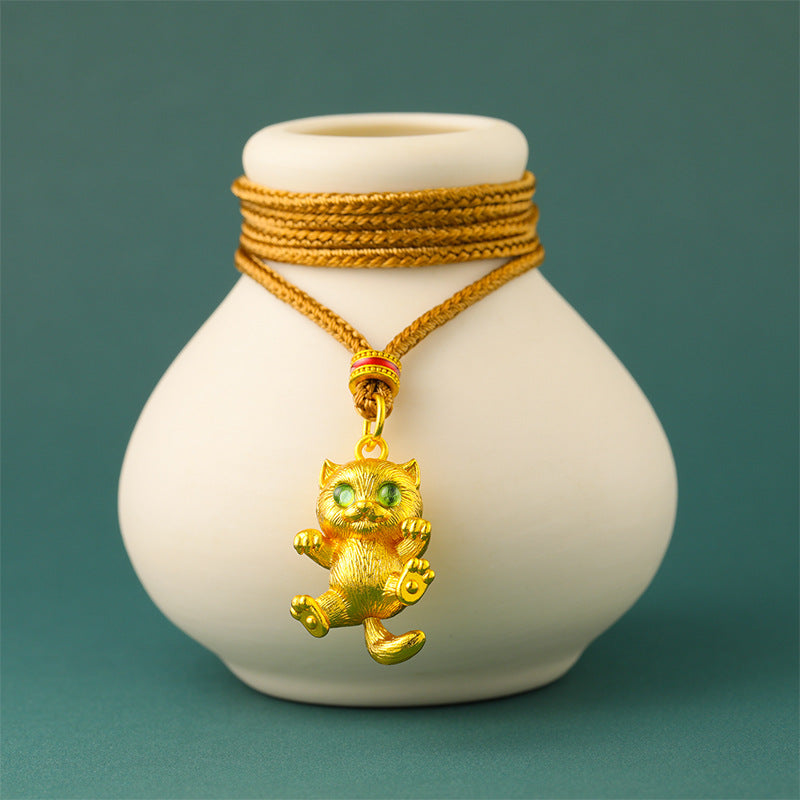 24K Gold Plated Cat Pendant, Brushed Green Eyes Lucky Charm for Necklace Making