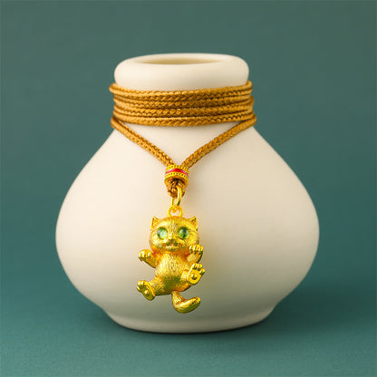 24K Gold Plated Cat Pendant, Brushed Green Eyes Lucky Charm for Necklace Making