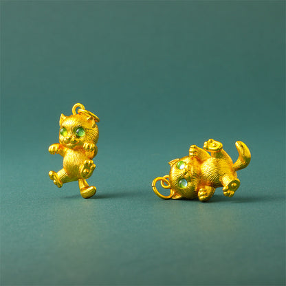24K Gold Plated Cat Pendant, Brushed Green Eyes Lucky Charm for Necklace Making